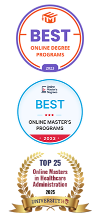 Badges from EduMED, OMD, and University HQ recognizing the University of Maryland's award-winning healthcare administration program
