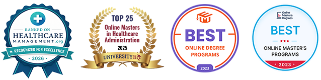 Badges from EduMED, OMD, and University HQ recognizing the University of Maryland's award-winning healthcare administration program